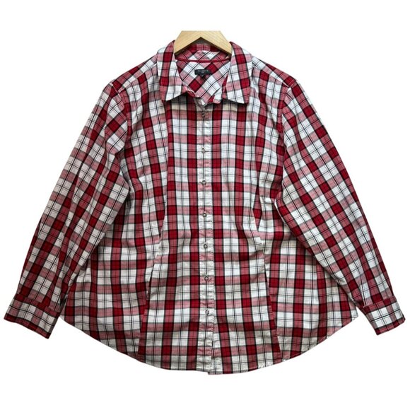 Talbots Plus Women's Cotton Button Up Blouse Long Sleeve Size 18W Red White Plai - Picture 1 of 12
